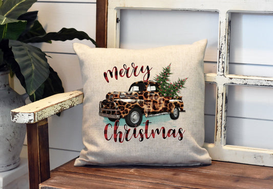 Merry Christmas Vintage Truck Trees Christmas Pillow Cover - Leopard Print Truck - Christmas Decorations Farmhouse Decor Throw Pillow Cover