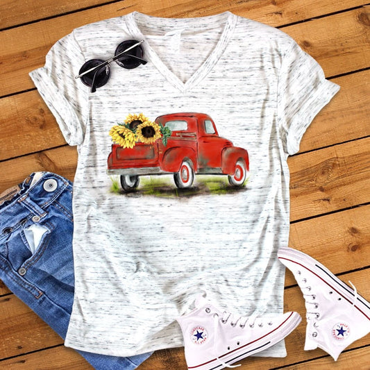 Watercolor Sunflower Truck Pumpkin Fall Autumn Vintage Truck Bella Unisex V Neck T-Shirt