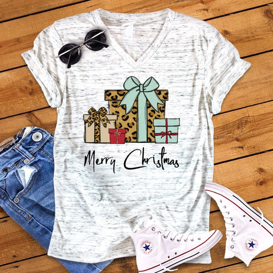 Merry Christmas Leopard Print Christmas Presents Bella Unisex V Neck T-Shirt