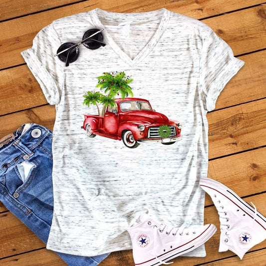 Palm Trees Christmas Lights Old Vintage Truck Christmas Tree Bella Unisex V Neck T-Shirt