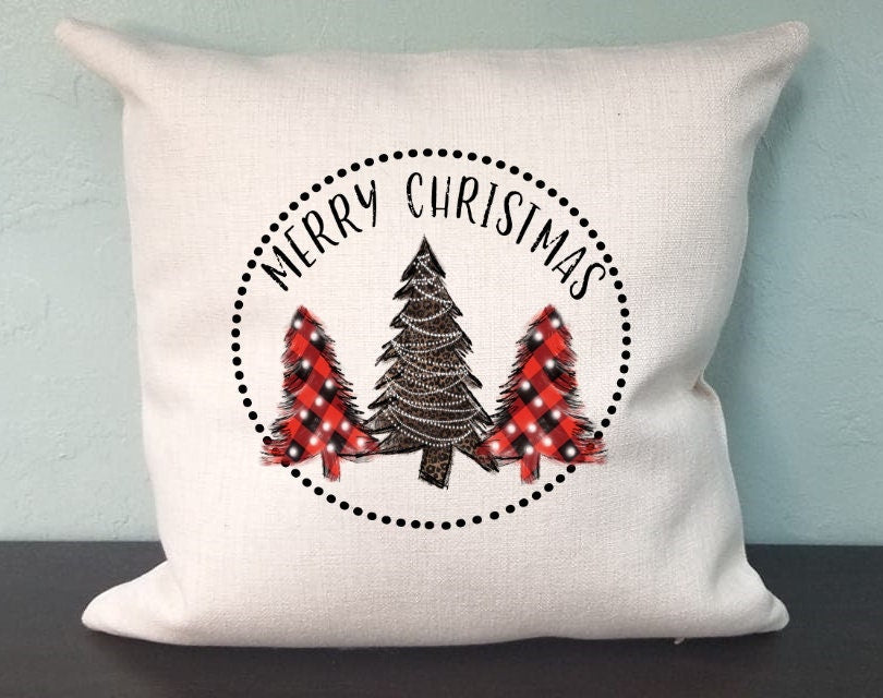 Merry Christmas Trees Christmas Pillow Cover - Buffalo Plaid Tree- Christmas Decorations Farmhouse Decor Throw Pillow Cover