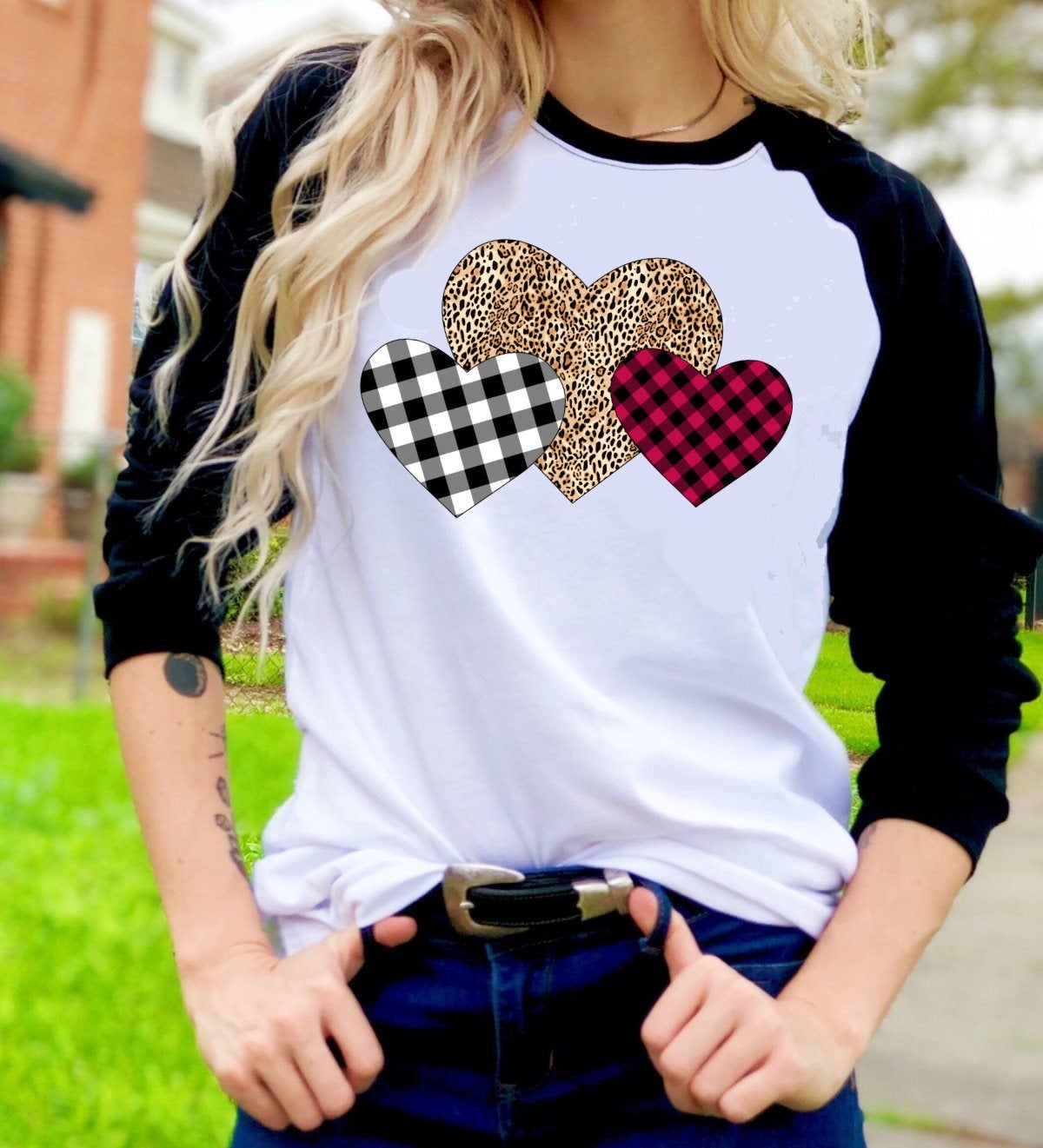 Valentines Leopard Plaid Hearts Valentine's Day Tee Raglan shirt