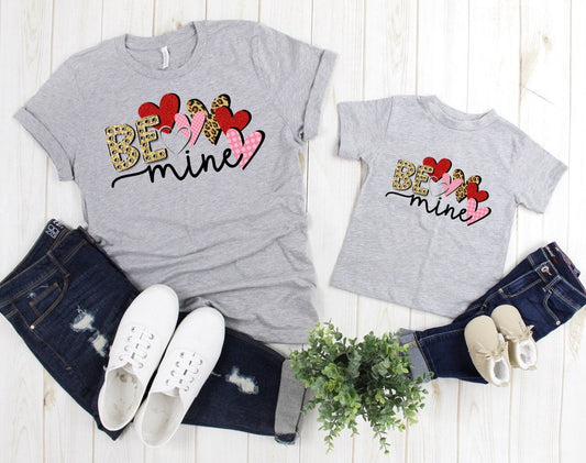 Valentine's Day Be Mine Leopard Print Hearts Love Adult Kids Toddler Baby Shirt