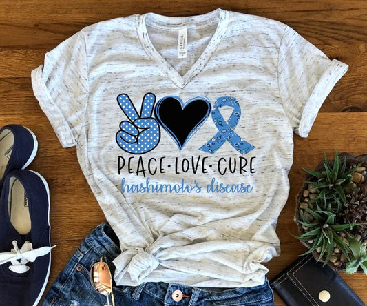 Peace Love Cure Thyroid Disease Hashimoto's Hashimotos Awareness Bella Unisex V Neck T-Shirt