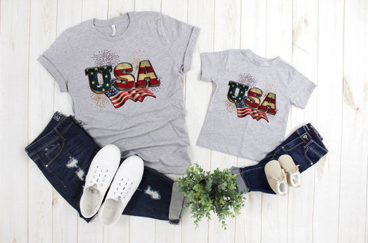 USA Americana 4th of July American Pride Flag Adult Kids Toddler Baby Shirt