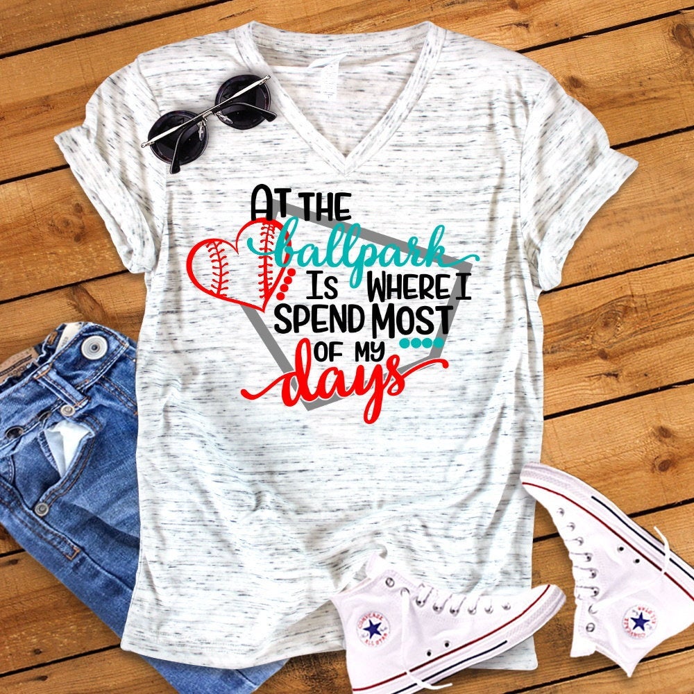 At The Ball Park Is Where I Spend Most Of My Days Baseball Mom Unisex V Neck Graphic Tee T-Shirt