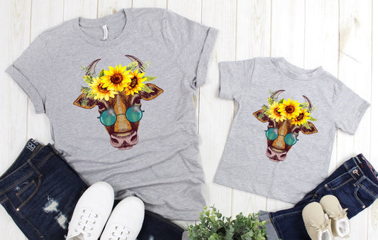 Hippie Cow With Sunglasses Sunflower Heifers Funny Cow Farm Adult Kids Toddler Baby Shirt