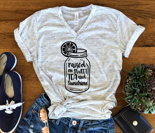 Raised On Sweet Tea And Sunshine Shirt Bella Unisex V Neck T-Shirt