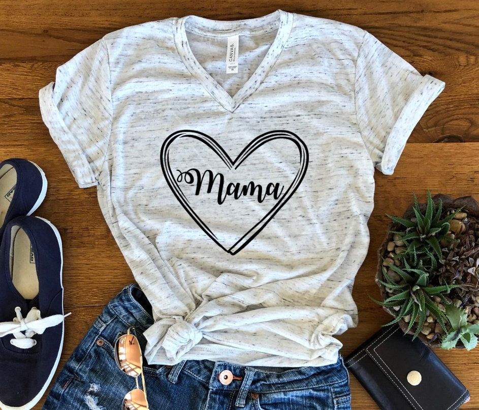 Mama Mom Heart Mother New Mom Mother's Day Bella Unisex V Neck T-Shirt
