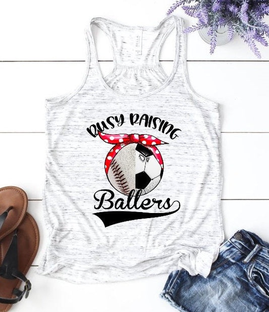 Raising Ballers Baseball Soccer Mom Bandanna Racerback Woman's Shirt Tank Top T-Shirt