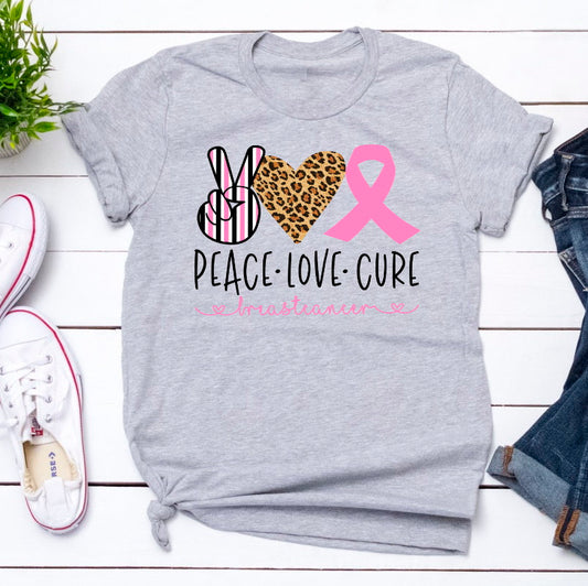 Peace Love Breast Cancer Cure Bella Canvas Unisex Awareness T-Shirt