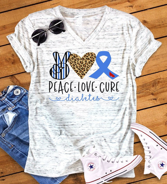 Peace Love Cure Diabetes Type 1 Awareness Bella Unisex V Neck T-Shirt