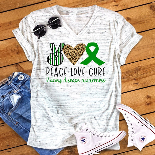 Peace Love Cure Kidney Disease Awareness Bella Unisex V Neck T-Shirt