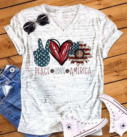 Peace Love America 4th July USA Americana American Pride Bella Unisex V Neck T-Shirt