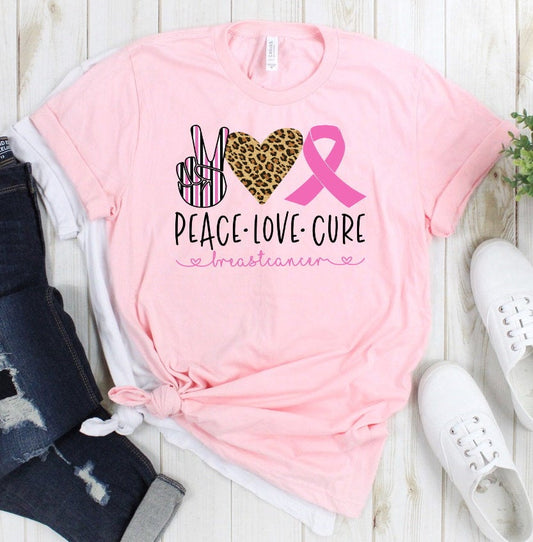 Peace Love Cure Breast Cancer Bella Canvas Unisex Cancer Awareness T-Shirt
