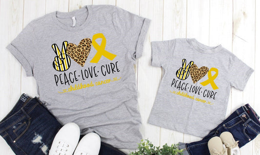 Peace Love Cure Childhood Cancer Awareness Adult Kids Toddler Baby Shirt