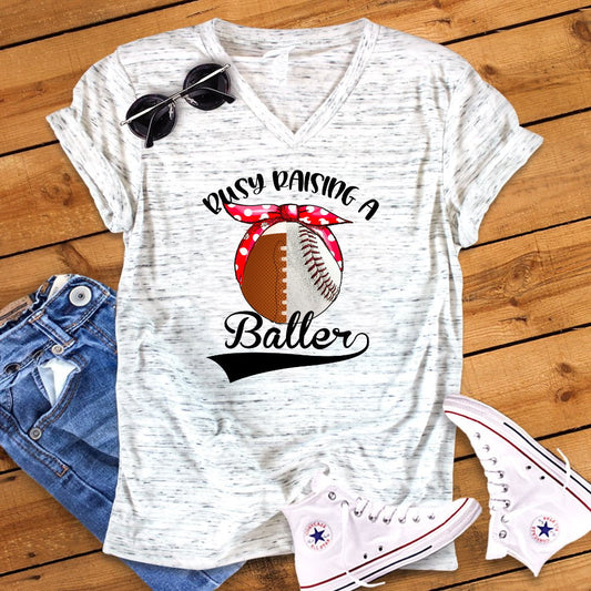 Busy Raising Baller Ballers Baeball Football Mom Bella Unisex V Neck T-Shirt