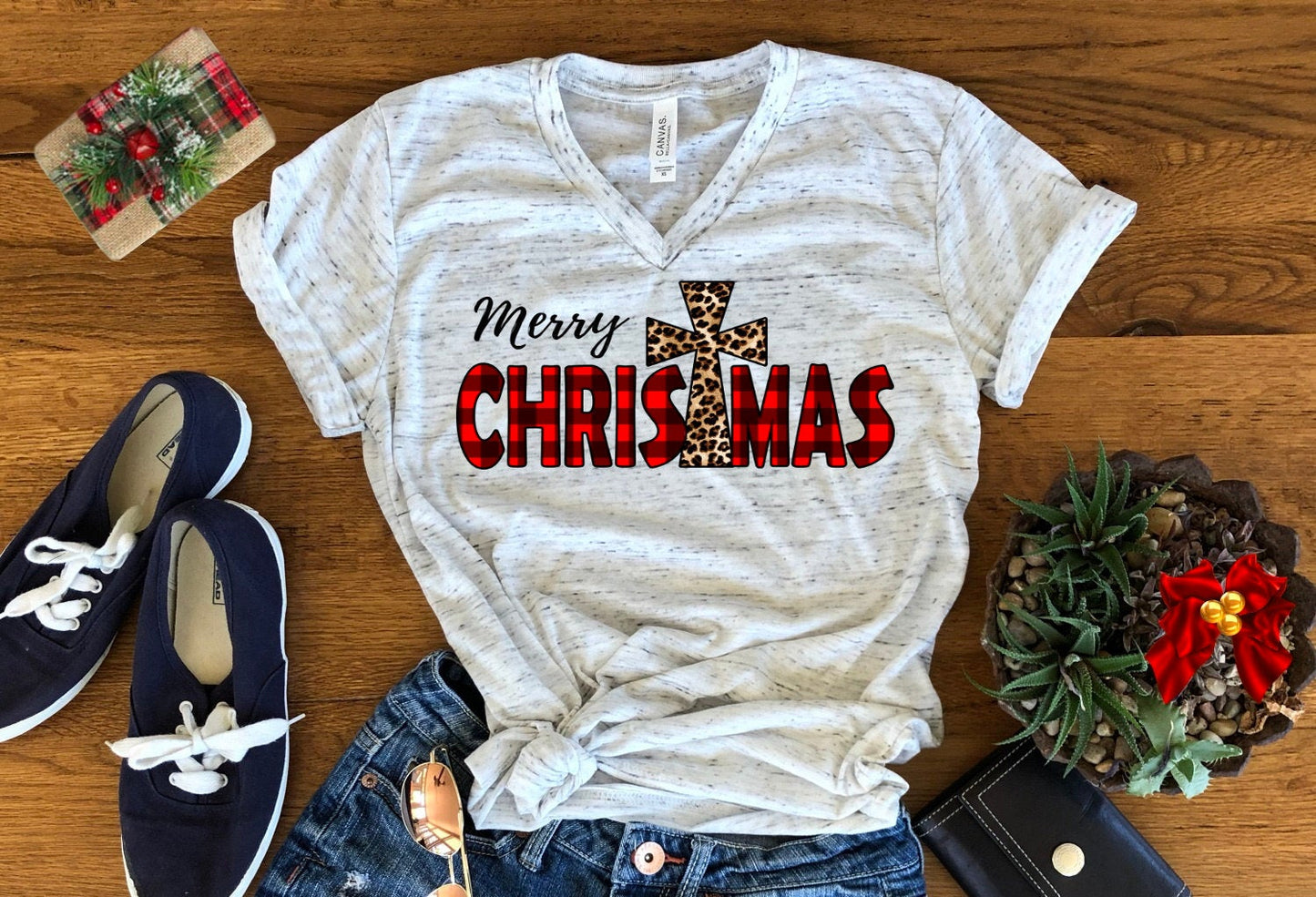 Merry Christmas Red Buffalo Plaid Leopard Print Christmas Bella Unisex V Neck T-Shirt