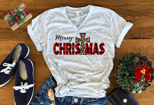 Merry Christmas Red Buffalo Plaid Leopard Print Christmas Bella Unisex V Neck T-Shirt