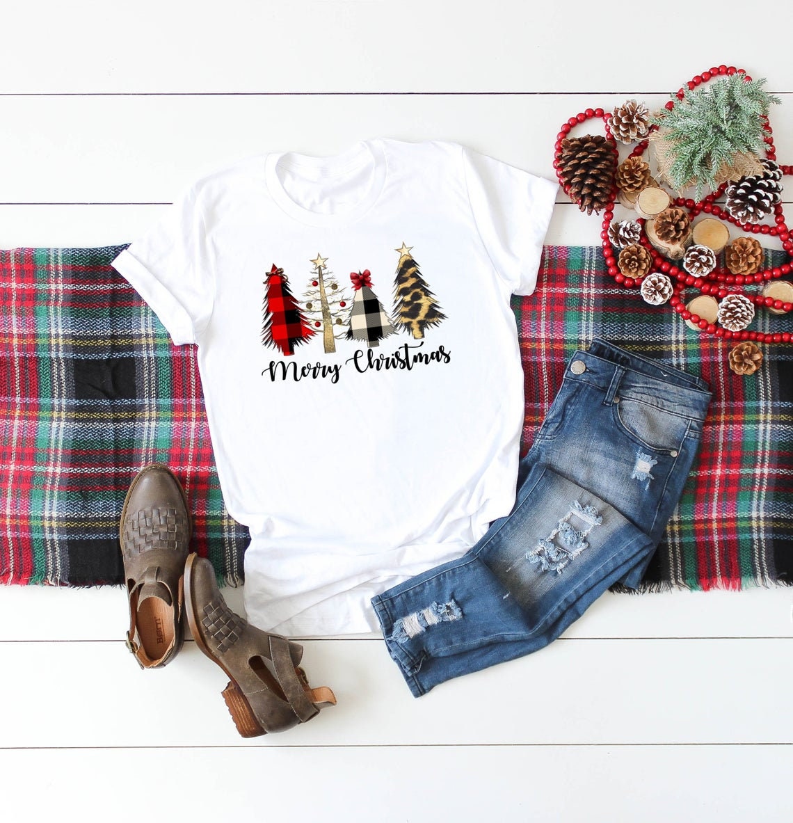 Wild Tree Buffalo Plaid Merry Christmas Leopard Print Christmas Trees Adult Kids Toddler Long Sleeve Shirt