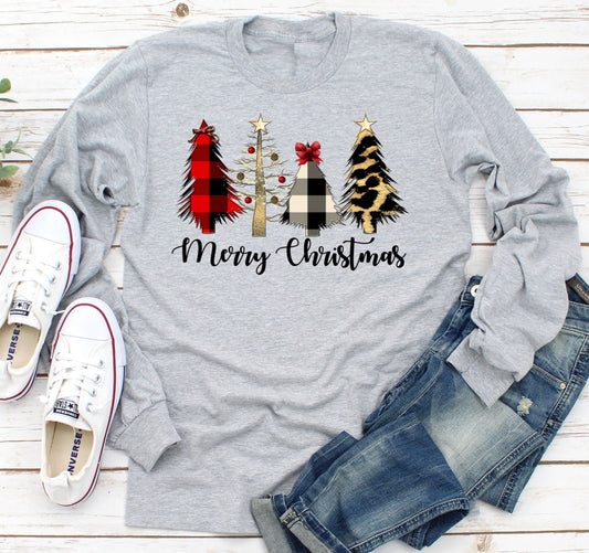 Wild Tree Buffalo Plaid Merry Christmas Leopard Print Christmas Trees Adult Kids Toddler Long Sleeve Shirt