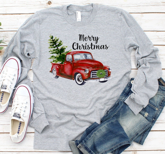 Merry Christmas Old Red Truck Trees Adult Kids Toddler Long Sleeve Shirt