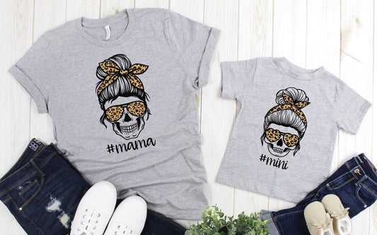 Leopard Print Skull Mom Mini Mama Me Adult Kids Toddler Baby Shirt