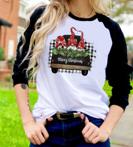 Merry Christmas Truck Gnomies Gnomes Funny Christmas t-shirt Raglan shirt Novelty Graphic Tee T-Shirt Raglan