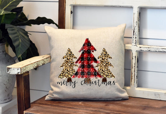 Merry Christmas Trees Pillow Cover - Leopard Buffalo Plaid - Christmas Decorations Farmhouse Decor Throw Pillow Cover