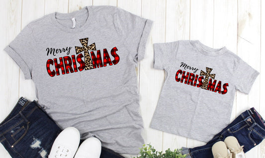 Merry Christmas Red Buffalo Plaid Leopard Print Cross Tee Adult Kids Toddler Baby Shirt