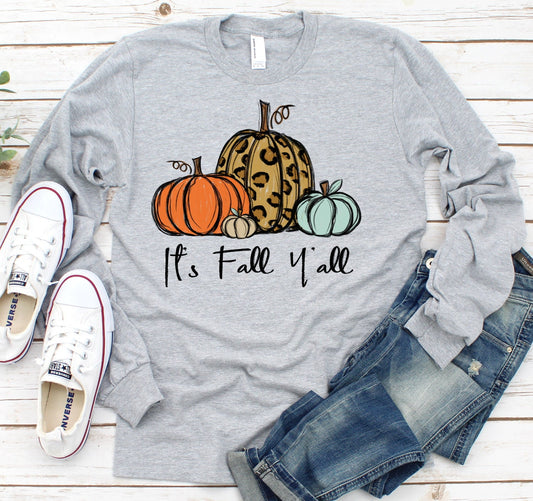 It's Fall Y'all Leopard Pumpkin Thanksgiving Autumn Hay Ride Orchard Adult Kids Toddler Long Sleeve Shirt
