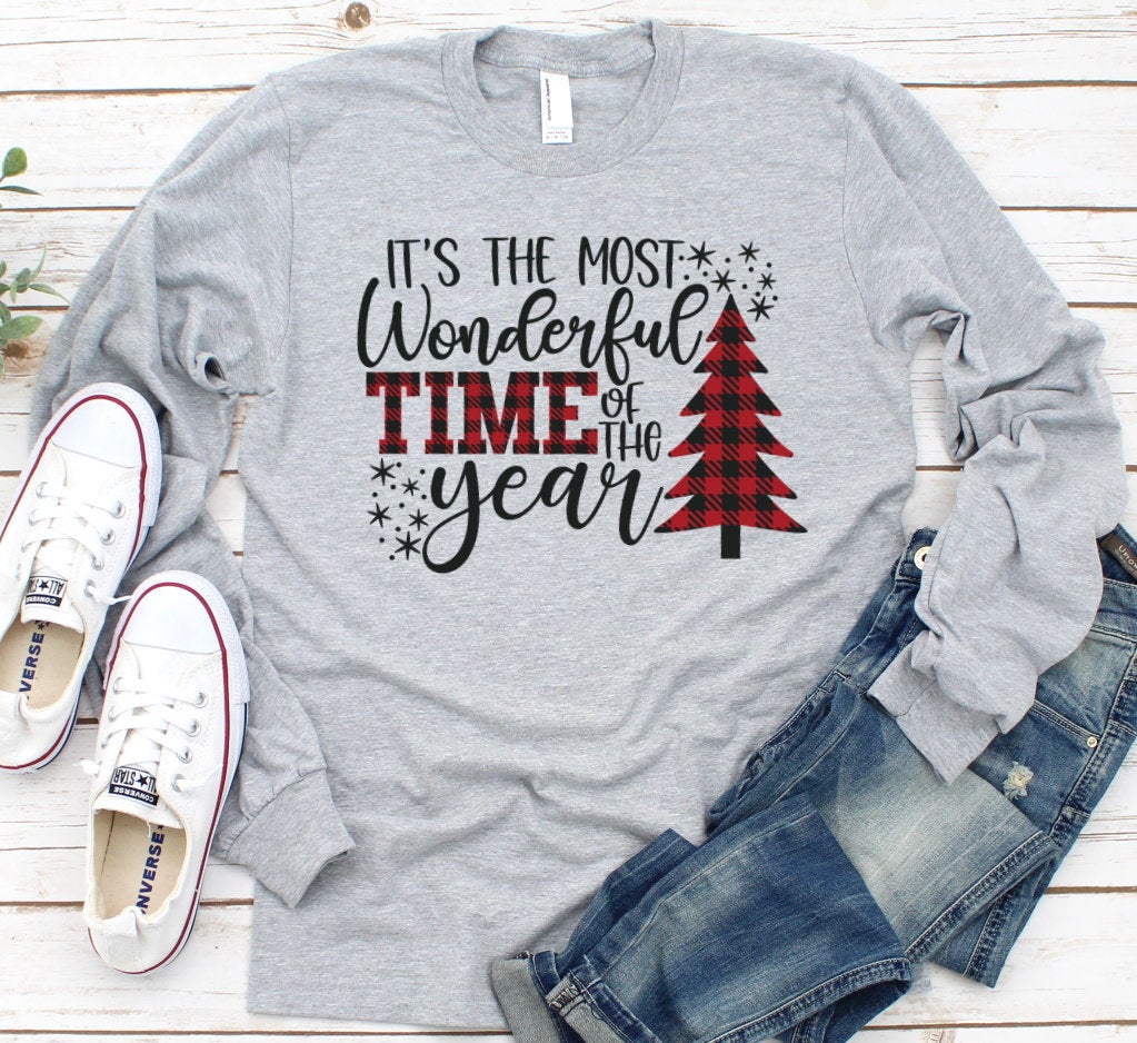 It's The Most Wonderful Time Of The Year Buffalo Plaid Christmas Tree Grey Adult Kids Toddler Long Sleeve Shirt