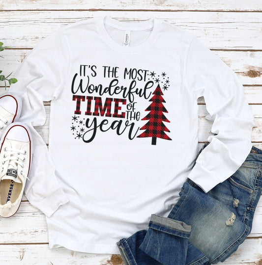 It's The Most Wonderful Time Of The Year Buffalo Plaid Christmas Tree Grey Adult Kids Toddler Long Sleeve Shirt
