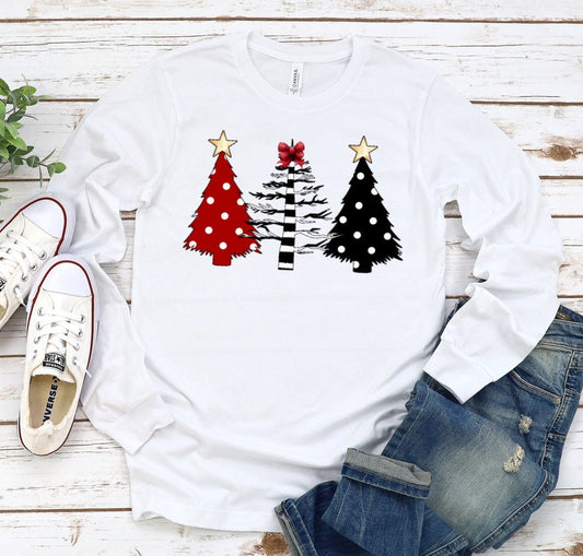 Wild Tree Black Red Polka Dots Merry Christmas Trees Adult Kids Toddler Long Sleeve Shirt