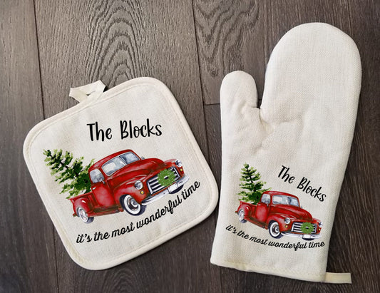 Personalized Oven Mitt & Pot Holder Set, Most Wonderful Time Christmas Gift Set Oven Mitts, Gifts for Mom, Christmas Truck
