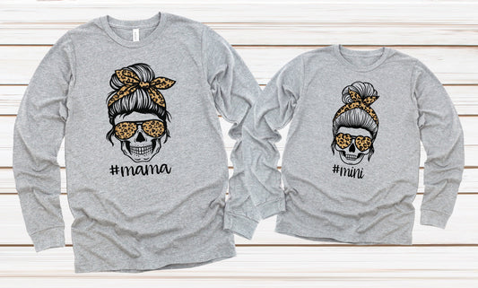 Leopard Print Skull Mom Mini Mama Me Adult Kids Toddler Long Sleeve Shirt