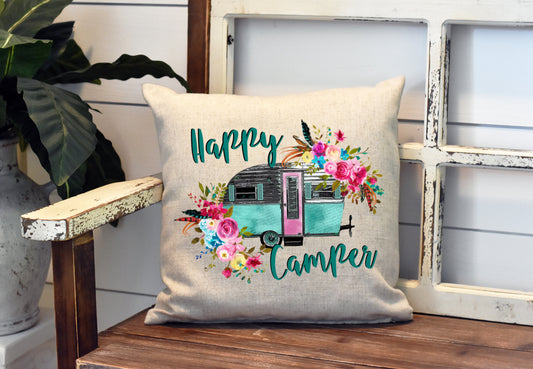 Happy Camper Floral Pillow Cover - Watercolor Travel Trailer - Camping RV Farmhouse Decor Throw Pillow Cover