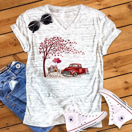 Valentines Gnomes Hearts Truck Valentine's Day Unisex V Neck T-Shirt