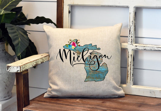 Michigan In My Soul Pillow Cover - Floral Watercolor - State Of Michigan Decorations Farmhouse Decor Throw Pillow Cover