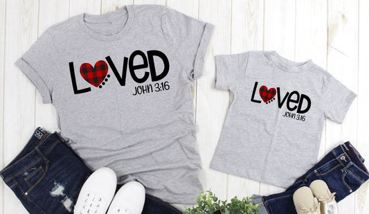 Loved John 3:16 Chirstian Love Buffalo Plaid Heart Adult Kids Toddler Baby Shirt
