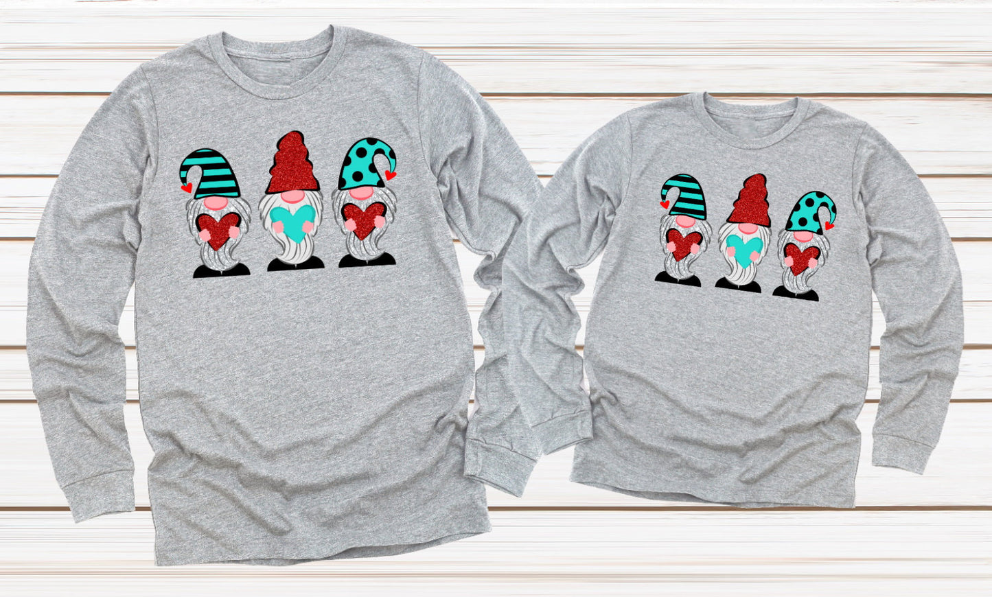 Valentines Teal Red Gnomes Hearts Valentine's Day Gnome Adult Kids Toddler Tee Long Sleeve Shirt