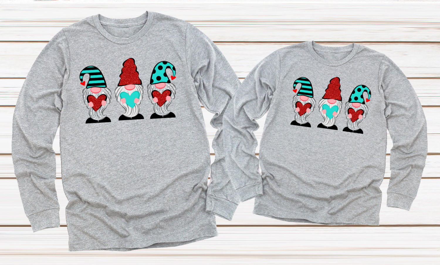 Valentines Teal Red Gnomes Hearts Valentine's Day Gnome Adult Kids Toddler Tee Long Sleeve Shirt