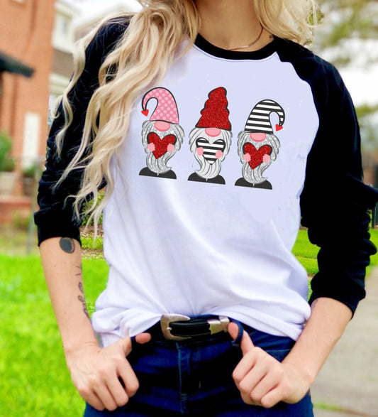 Valentines Red Pink Stripe Gnomes Hearts Valentine's Day Tee Raglan shirt