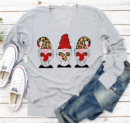 Valentines Leopard Gnomes Hearts Valentine's Day Womans Short or Long Sleeve V neck Shirt