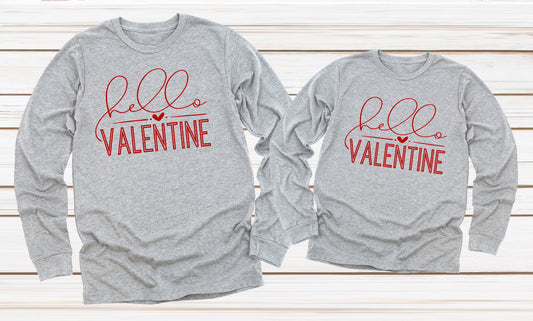 Hello Valentine Hearts Valentine's Day Shirts Adult Kids Toddler Tee Long Sleeve Shirt
