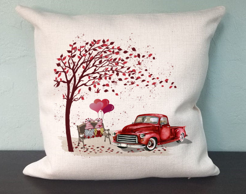 Gnome Valentine Hearts Pillow Cover - Valentine's Day Truck - Valentine Decorations Farmhouse Decor Throw Pillow Cover