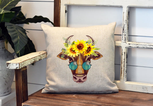 Cow With Sunflowers Pillow Cover - Sunflower Cow Glasses - Decorations Farmhouse Decor Throw Pillow Cover