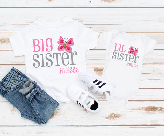 Pink Butterfly Big Sister Shirts Set Siblings Little Sister T-shirts