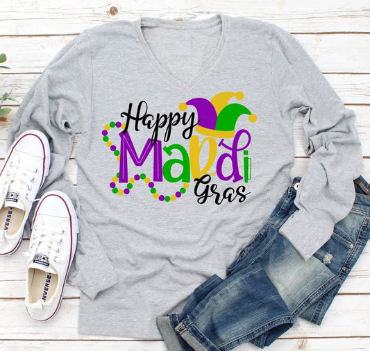 Let's Mardi Y'all Mardi Gras Womans Short or Long Sleeve V neck Shirt