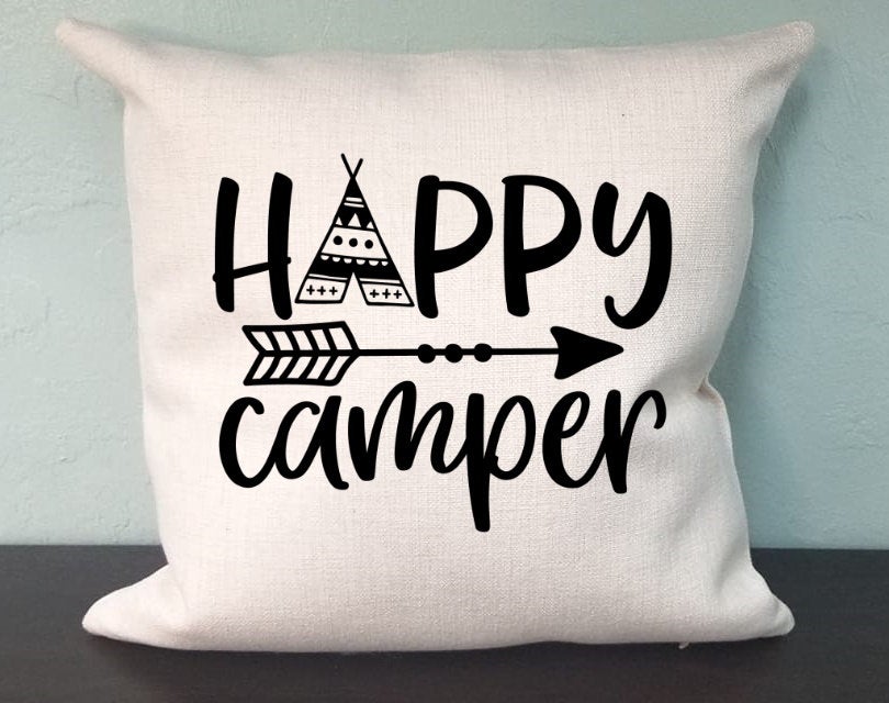 Happy Camper Arrow Pillow Cover - Camp Travel Trailer - Camping RV Farmhouse Decor Throw Pillow Cover